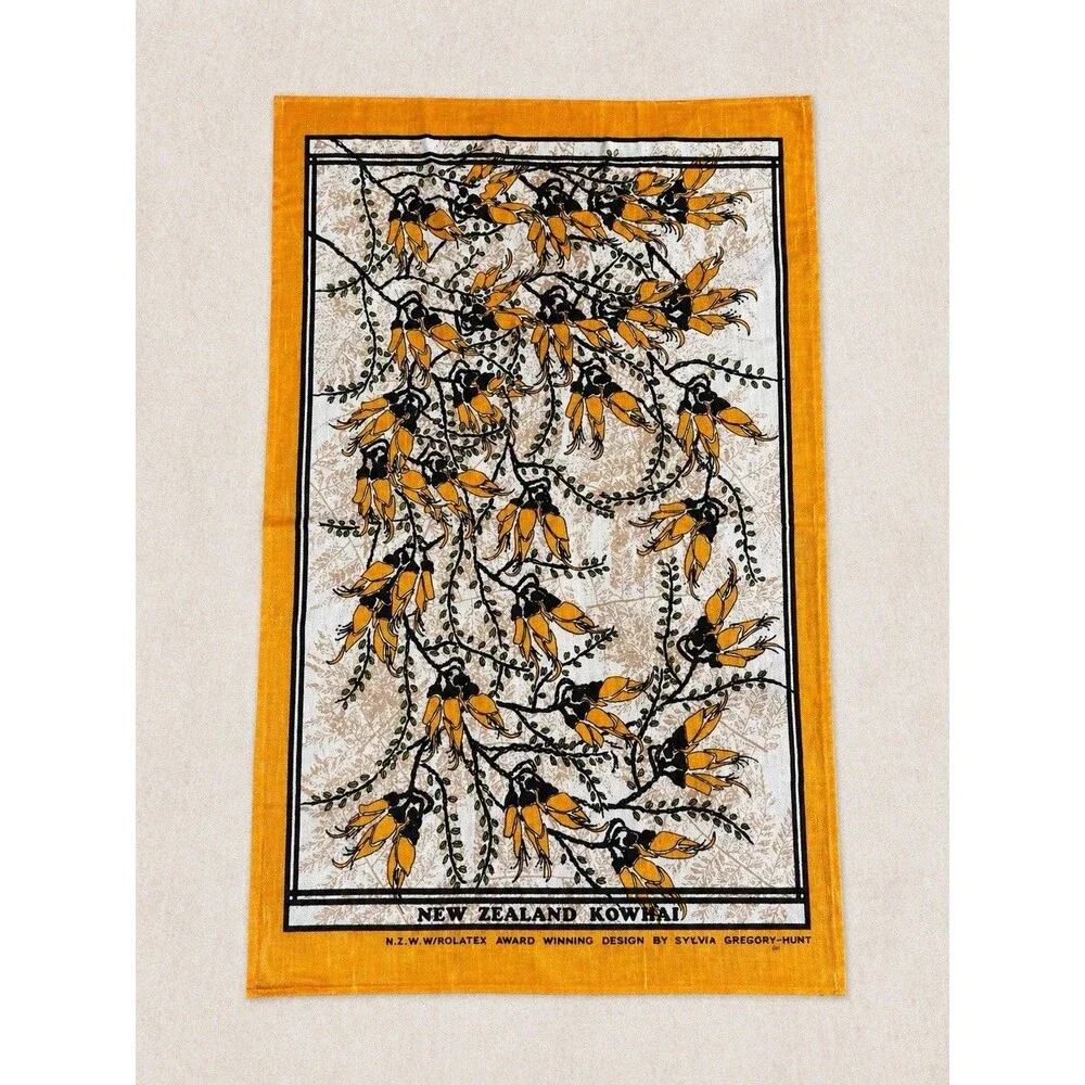Vintage New Zealand Kowhai Tea Towel Award Winning Sylvia Gregory Hunt 18.5”x30”